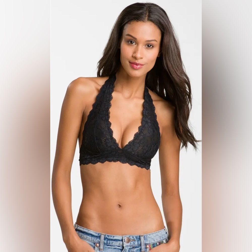 Free People Last Dance Lace Halter Bralette Black Sz SP Sexy Comfortable Beachy